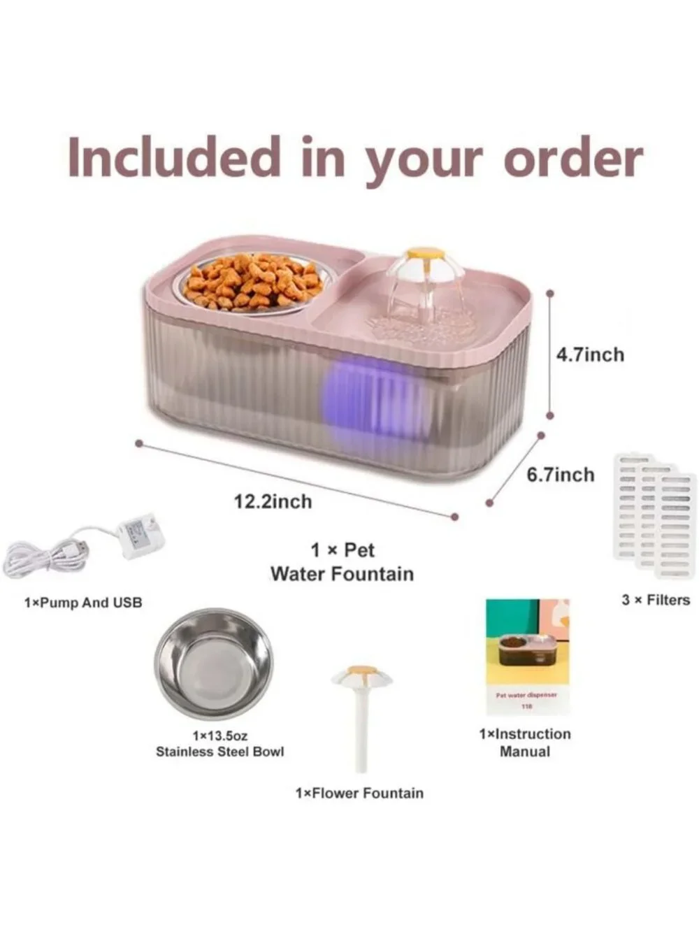 Super Quiet Cat Water Fountain & Stainless Steel Food Bowl, 100oz Automatic